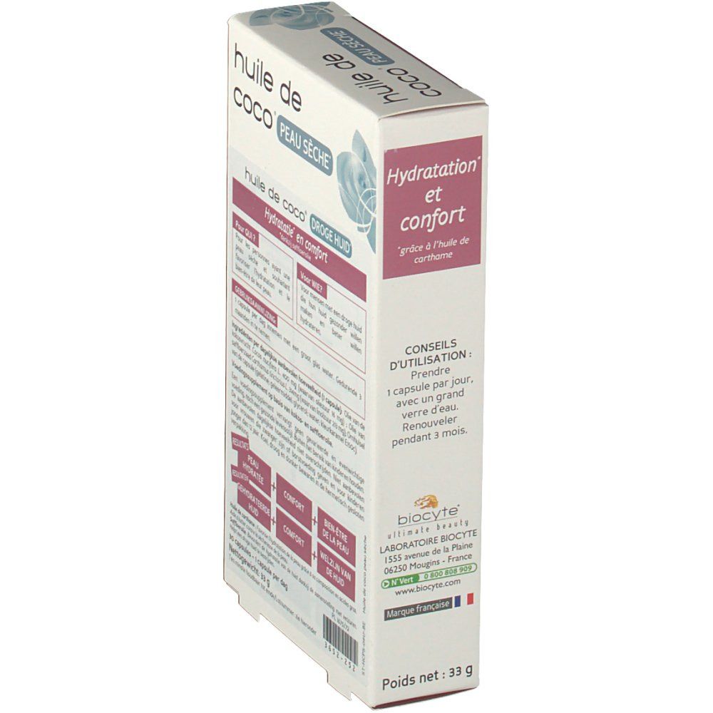 Vue en biais de la boîte Biocyte Huile de Coco. Texte: Huile de Coco PEAU SÈCHE. Informations d'utilisation.