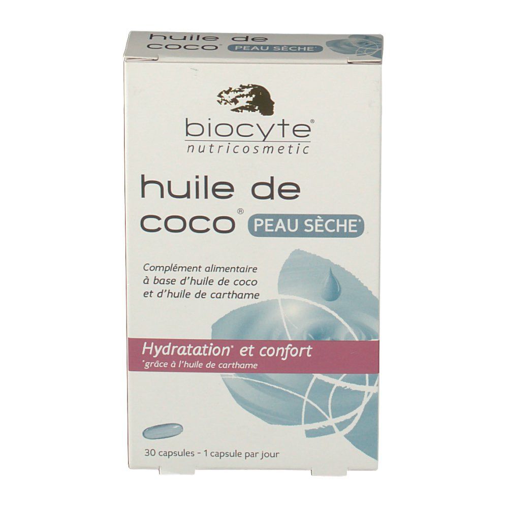Vue de face de la boîte Biocyte Huile de Coco. Texte: Huile de Coco PEAU SÈCHE. Contient 30 capsules.