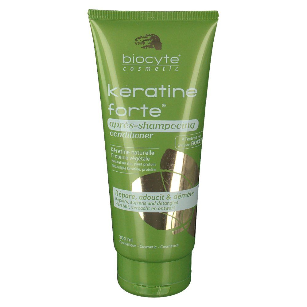 Groene tube "Biocyte Keratine forte" conditioner. Witte en gouden letters. 200 ml.