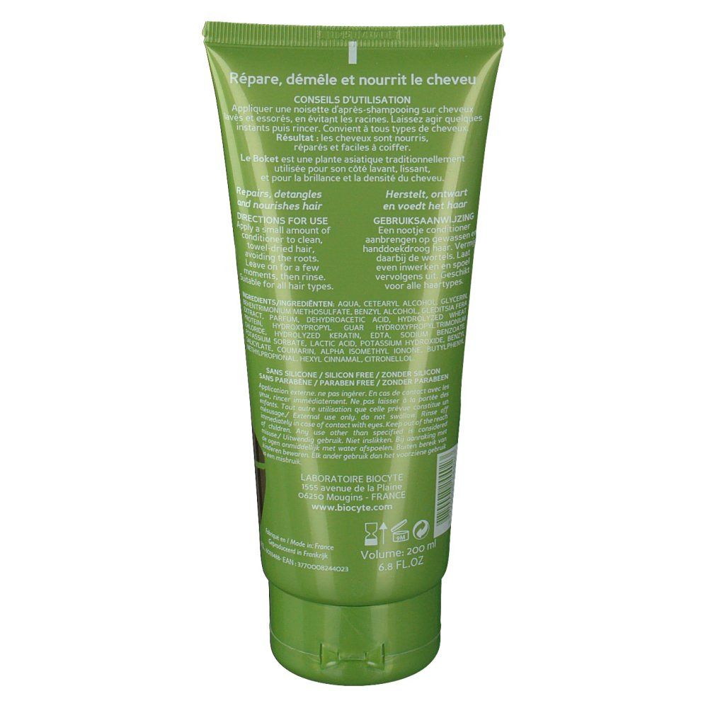Achterkant van de groene tube. Tekst met ingrediënten en gebruiksaanwijzing. 200 ml.