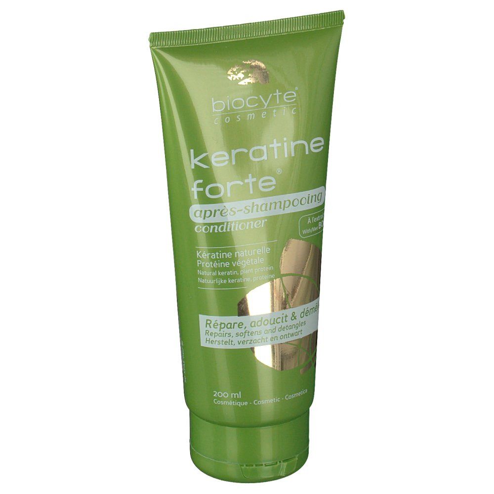 Groene tube "Biocyte Keratine forte" conditioner. Witte en gouden letters. 200 ml.