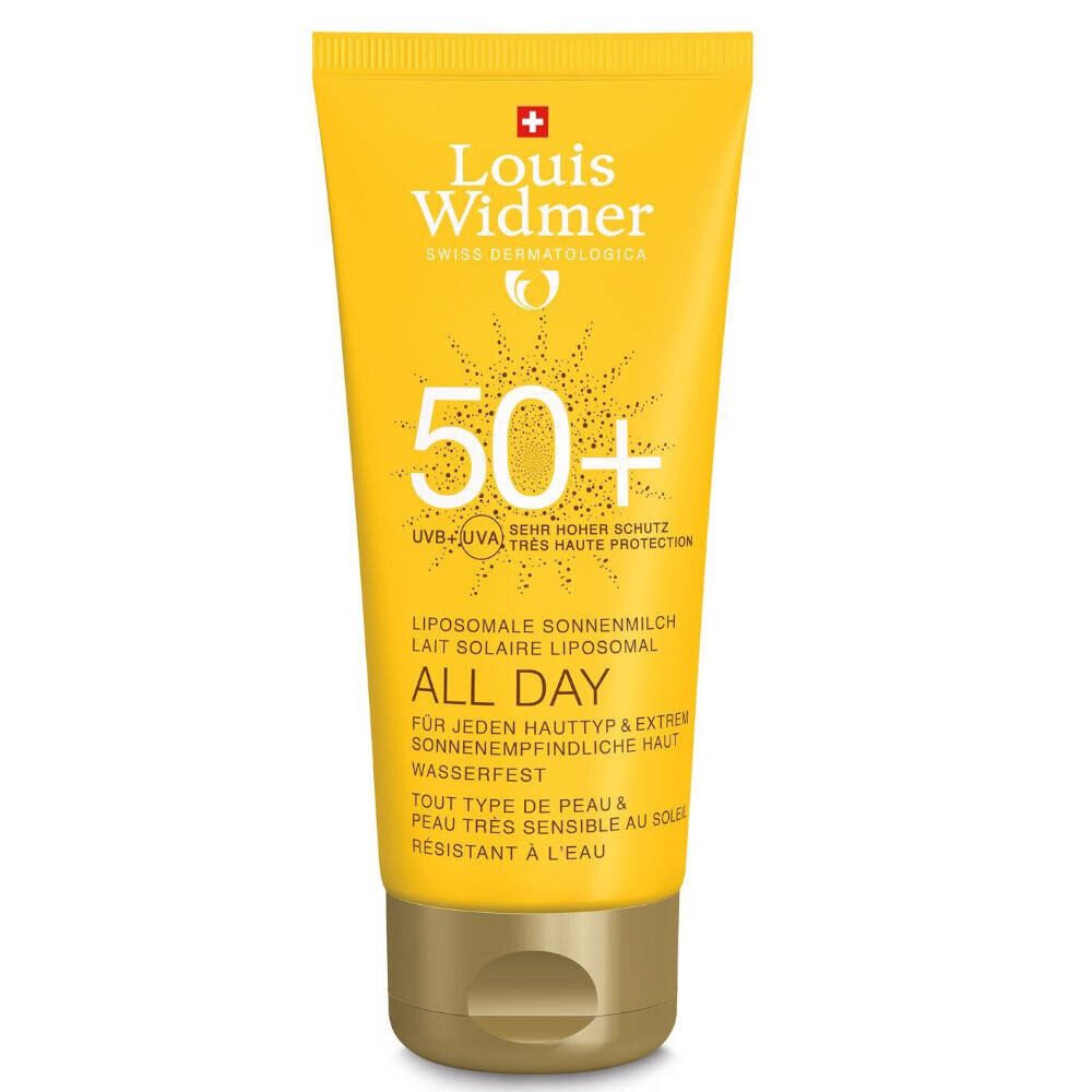 Gele tube zonnebrandcrème. Opschrift: Louis Widmer, 50+, All Day. Waterbestendig.