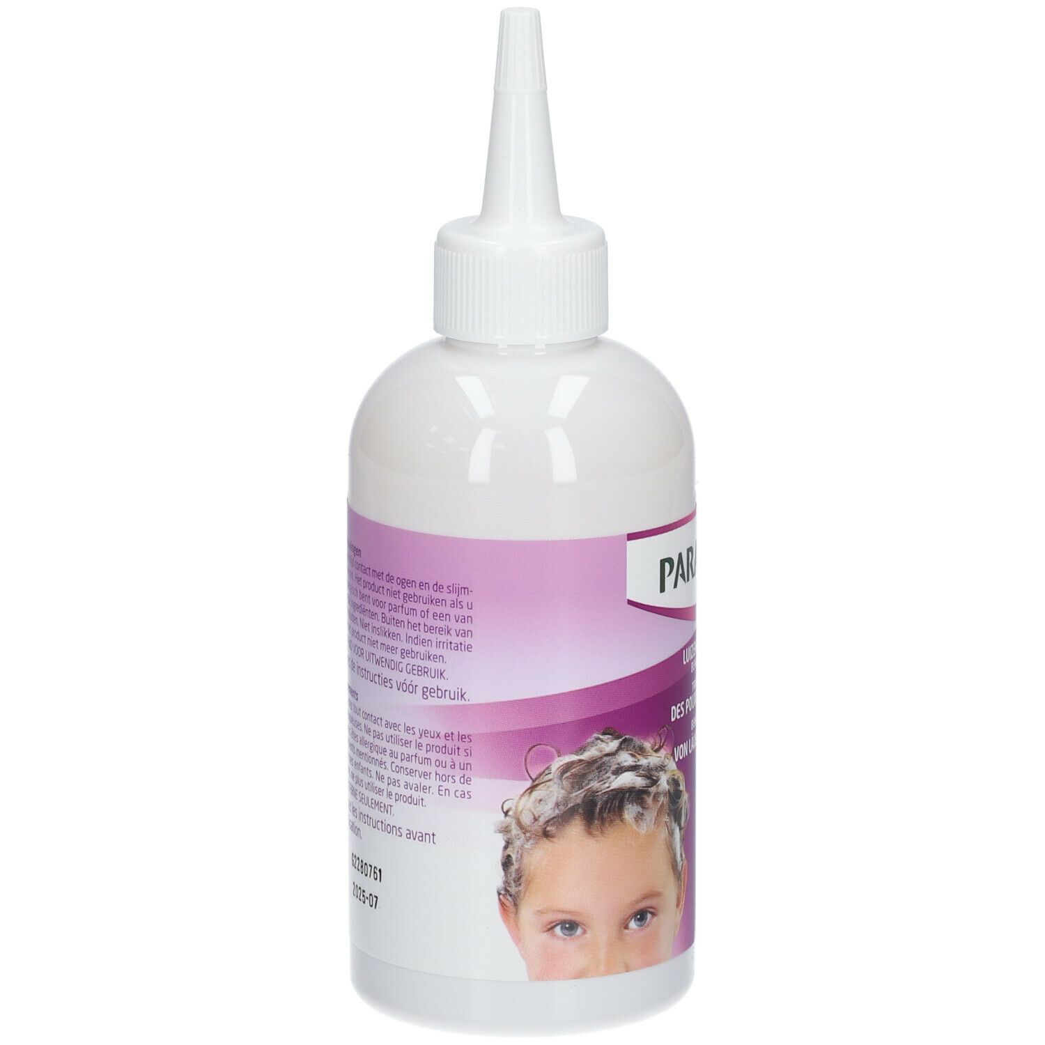 Witte fles met puntige applicator. Etiket met productinformatie en kind met schuim op het hoofd.