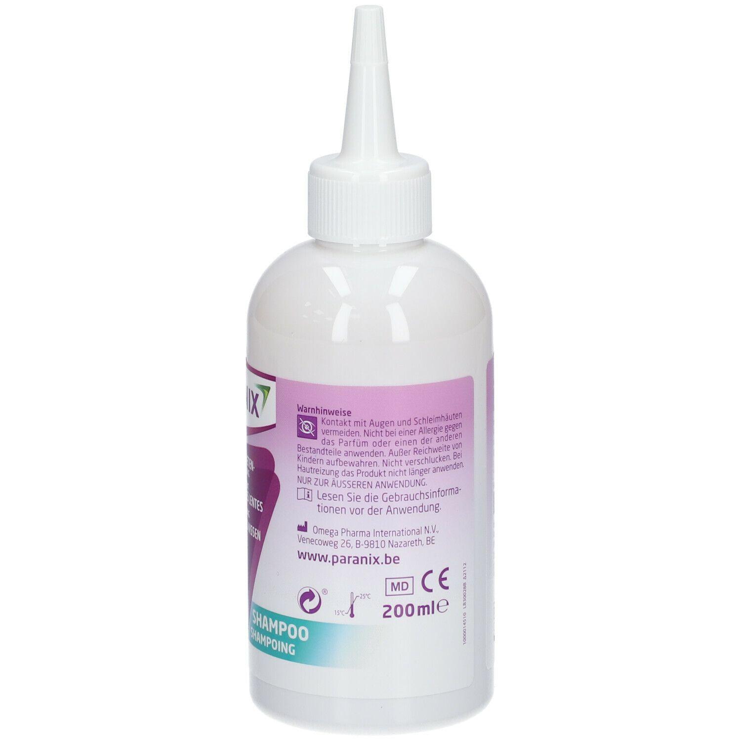 Witte fles met puntige applicator. Etiket met productinformatie en volume-aanduiding 200ml.