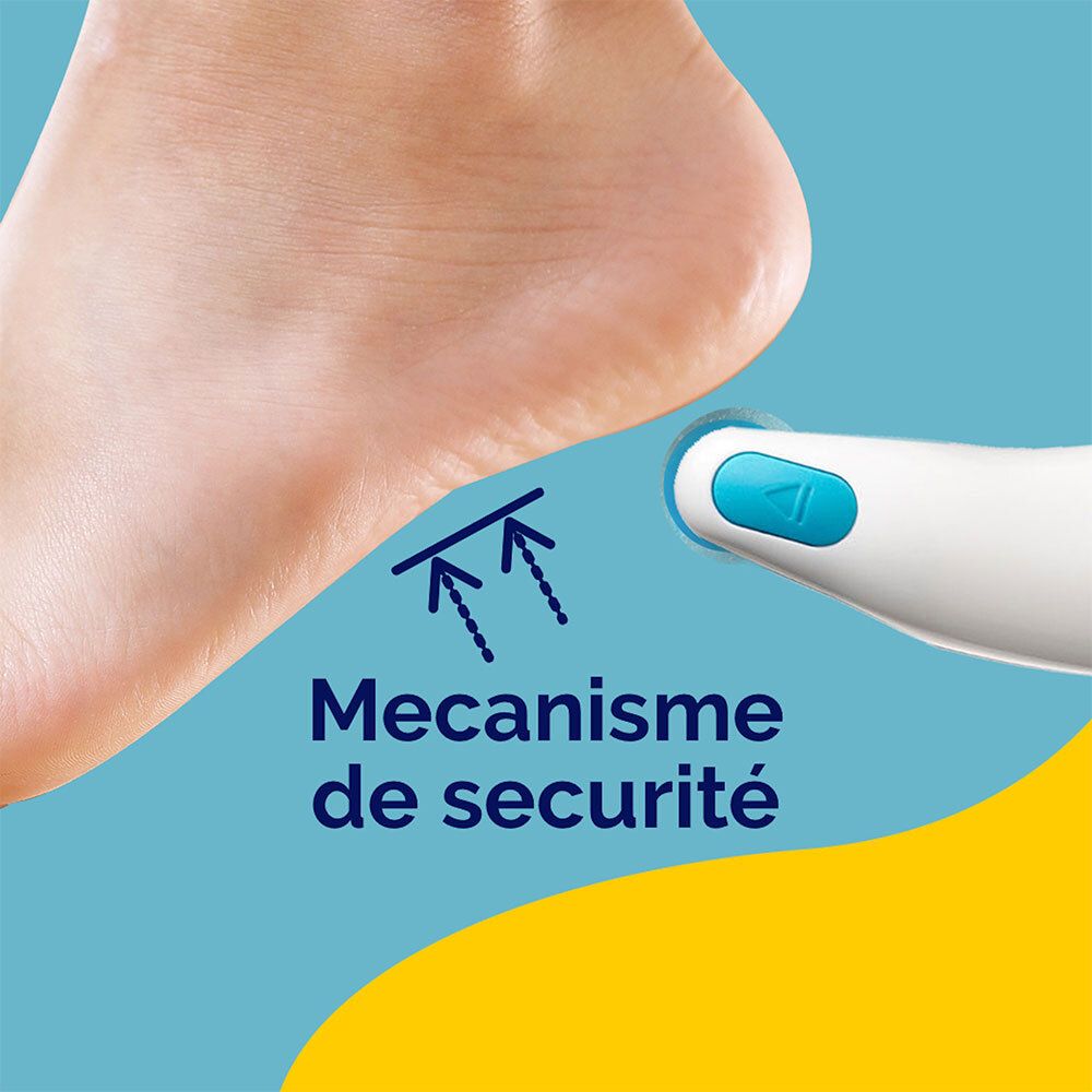 Râpe en cours d'utilisation. Mécanisme de sécurité. Pied en cours de traitement.