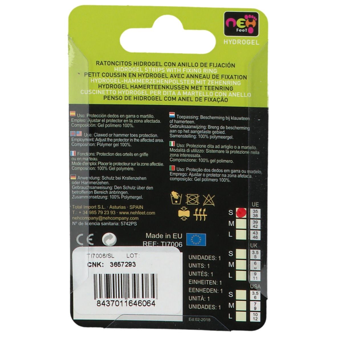 Rückseite der Blisterverpackung. Text in mehreren Sprachen. Größenangaben. CE-Kennzeichnung.