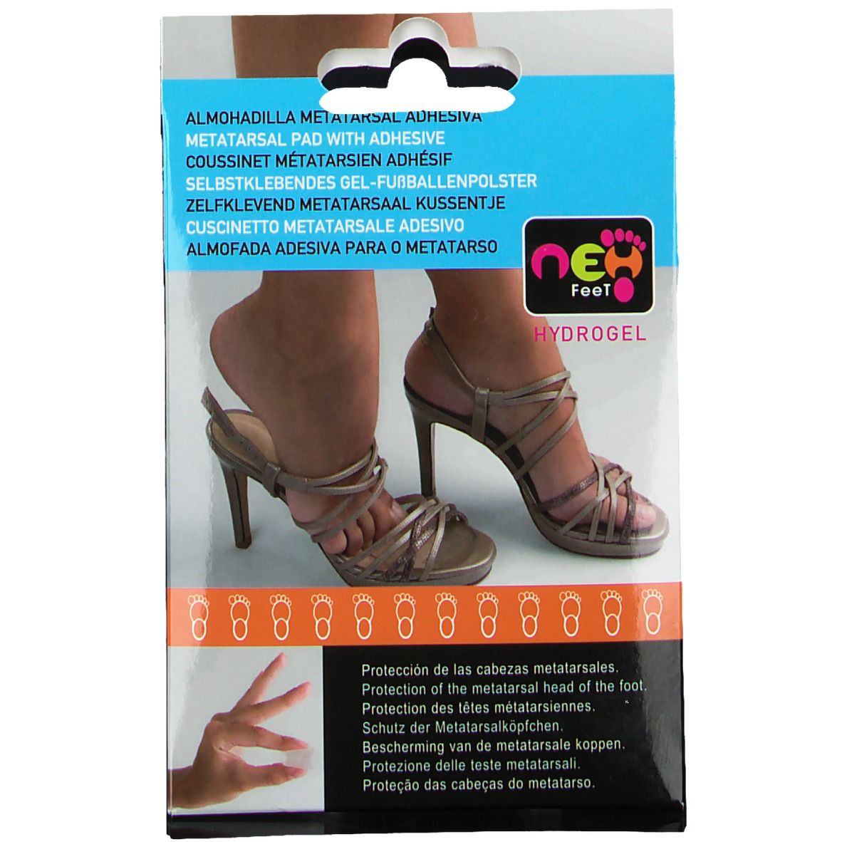 Verpackung mit NEH Feet Fußballenpolster. Füße in High Heels. Produktname und Hydrogel-Hinweis.