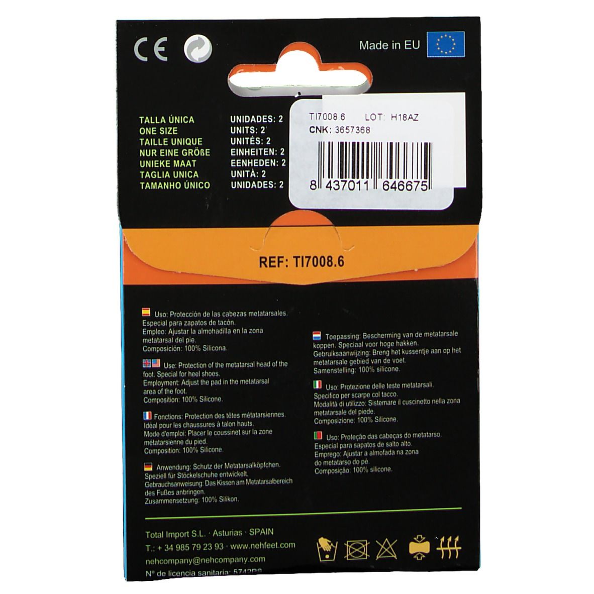 Rückseite der Verpackung. Produktinformationen, CE-Kennzeichnung, Chargennummer und Barcode.