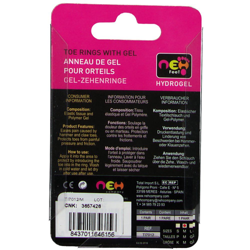 Rückseite der Verpackung. Text: Zehenringe mit Gel, Produktinformationen, Marke, Größenangaben.