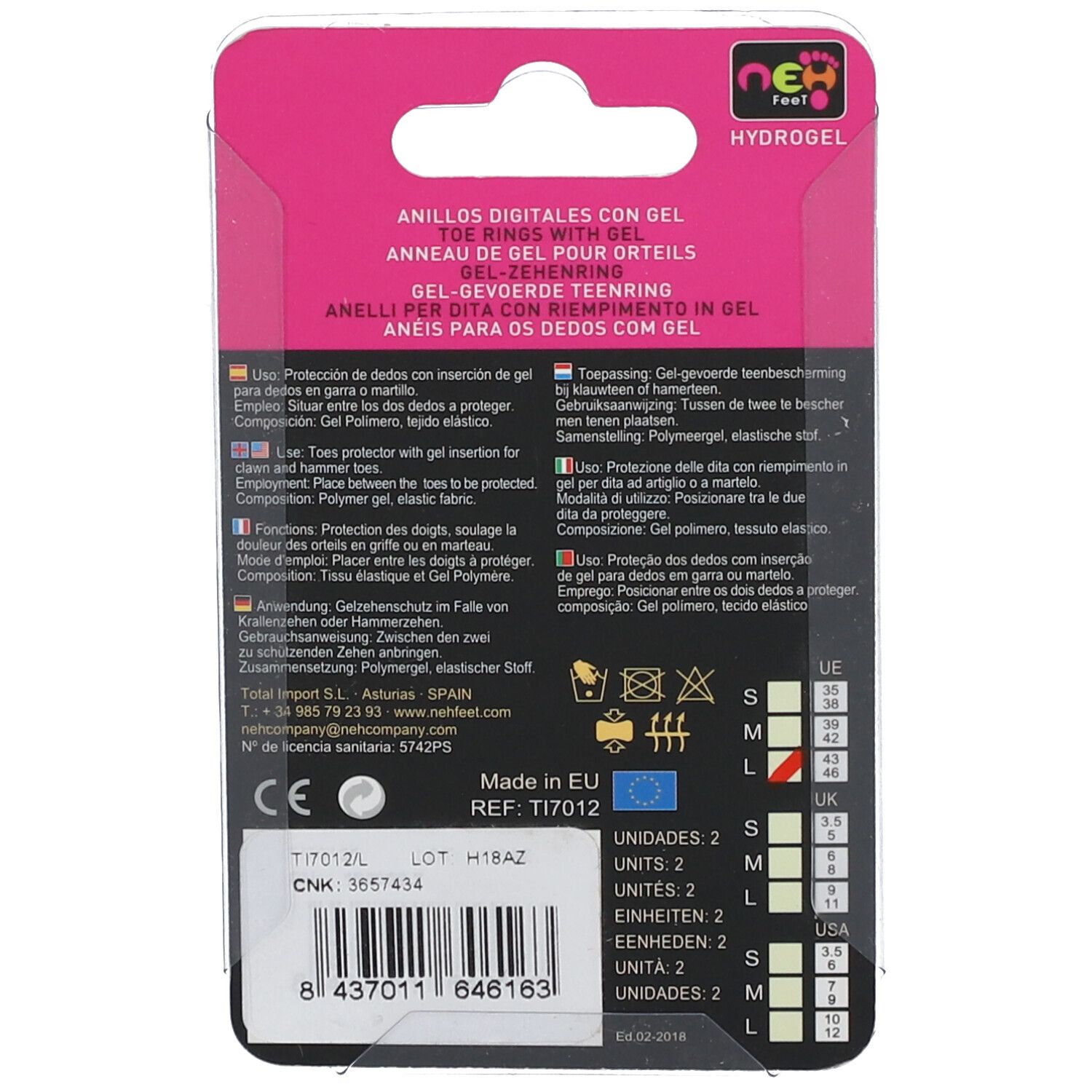 Rückseite der Blisterverpackung. Produktinformationen und Größenangaben. Marke: NEH feet. Größen: S, M, L.