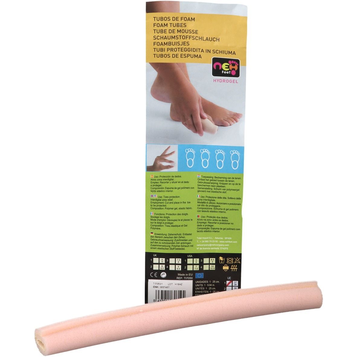 Tube en mousse rose. Emballage avec NEH, illustration de pied et noms de produits en plusieurs langues.