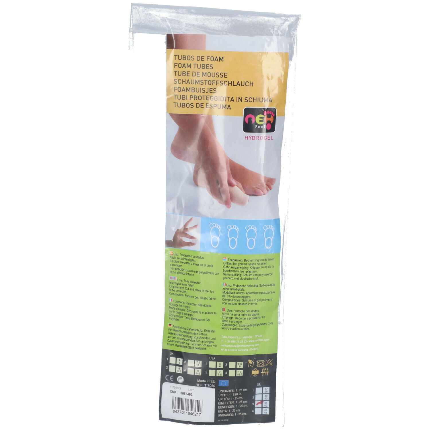 Emballage transparent avec textes et pieds. Impression: NEH Feet Foambuisje.