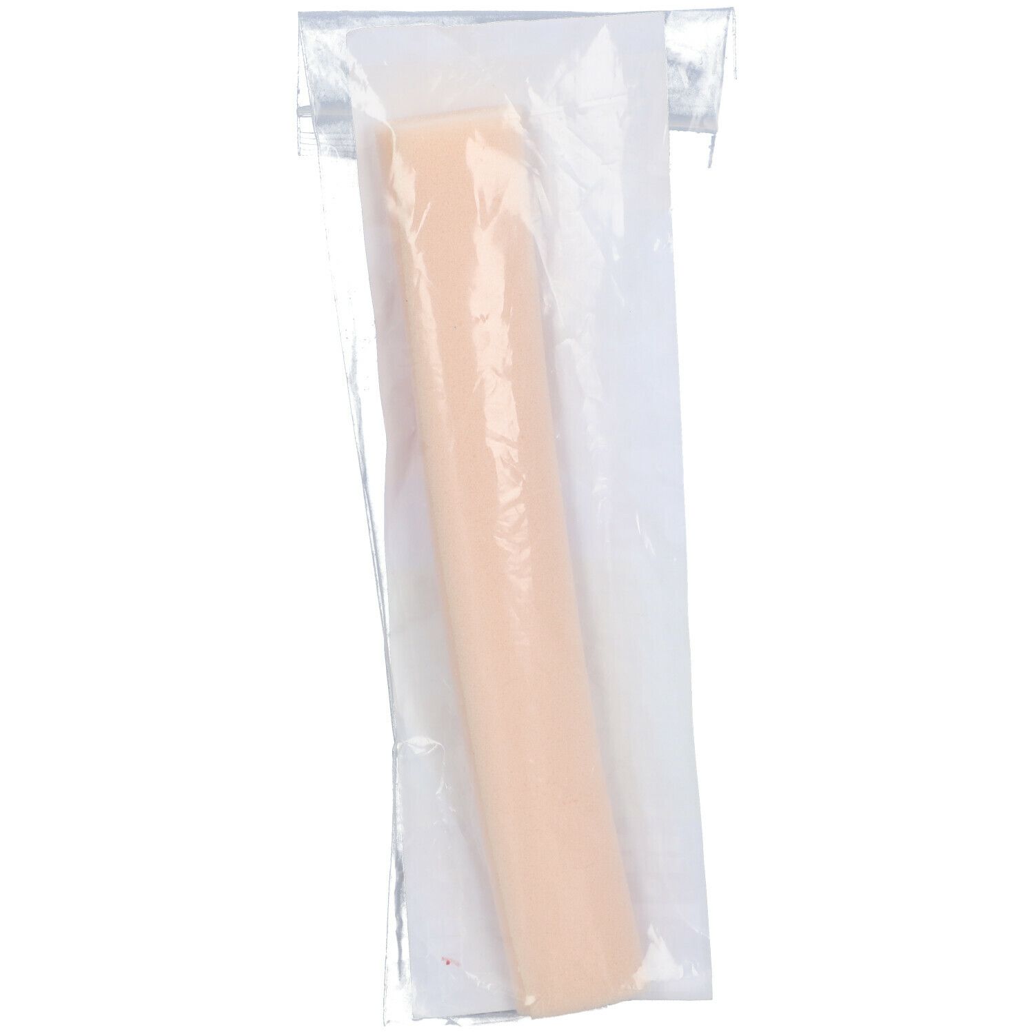 Emballage transparent avec produit cylindrique en mousse beige.