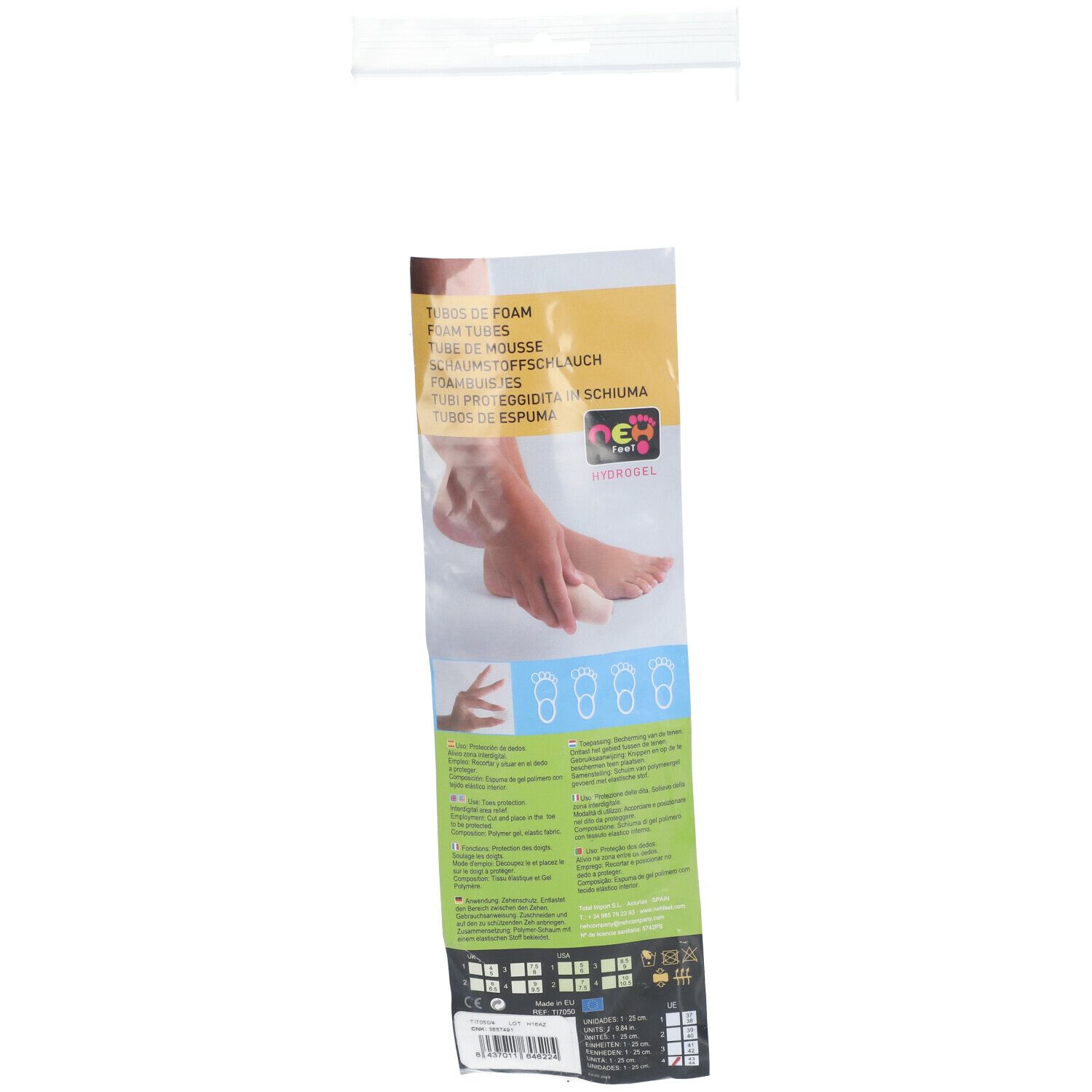 Emballage plastique transparent avec texte multilingue et illustration de pieds. Certificat de qualité.