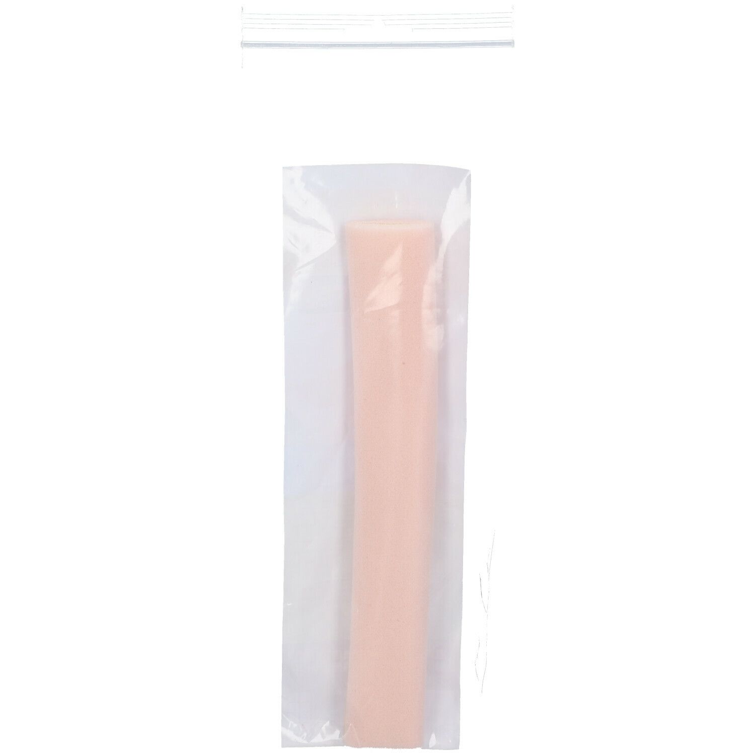 Produit cylindrique rose dans un emballage transparent. Forme allongée.