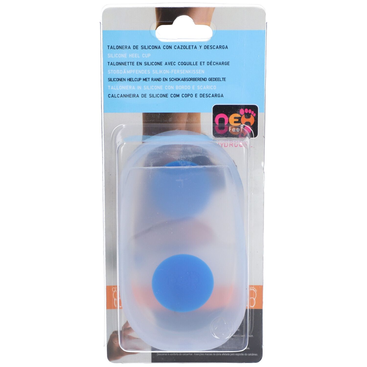 Coussinet de talon en silicone dans un emballage blister. Coussinet bleu avec bord orange. Désignation visible du produit.