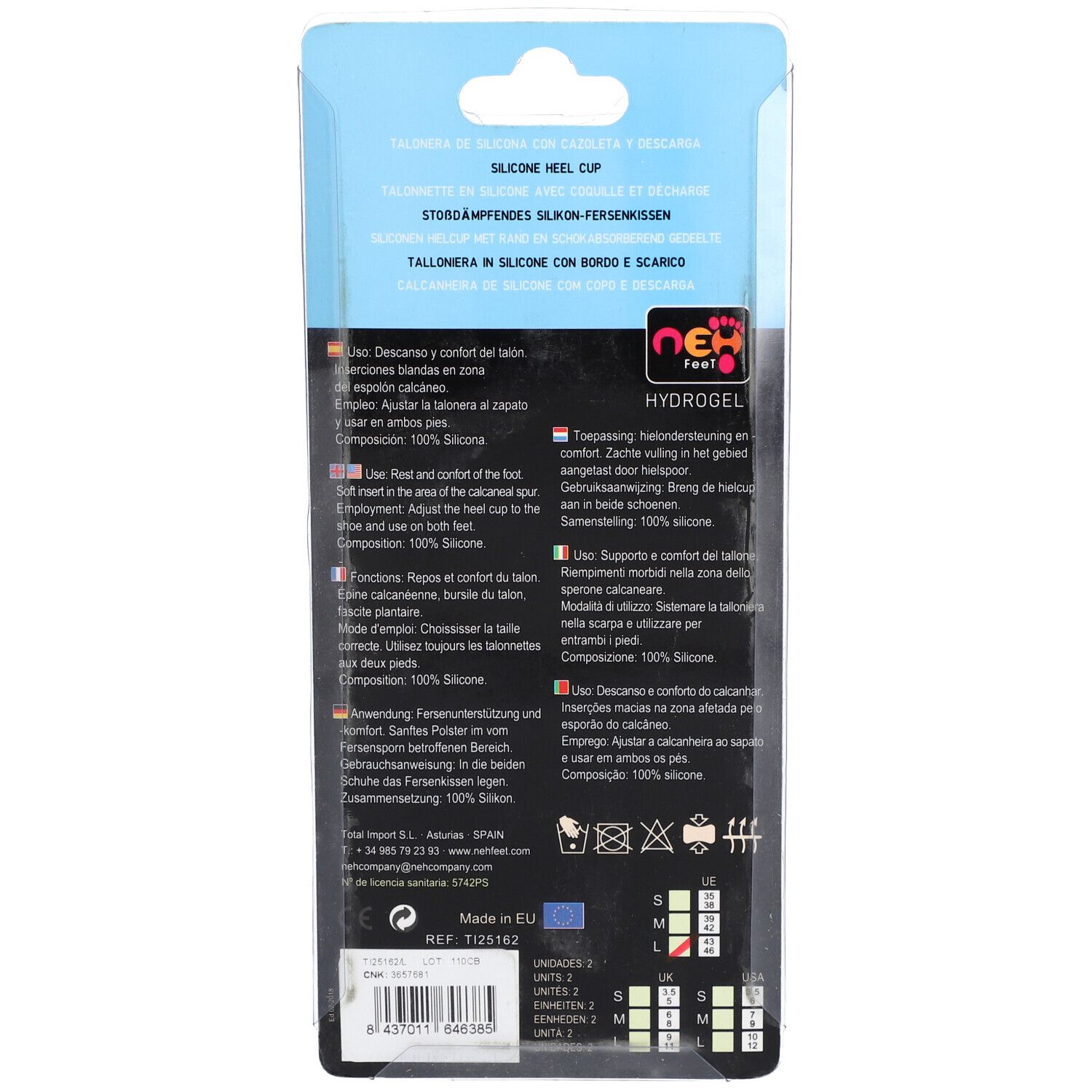 Dos de l'emballage avec informations sur le produit et instructions d'utilisation. Texte en plusieurs langues. Logo visible.