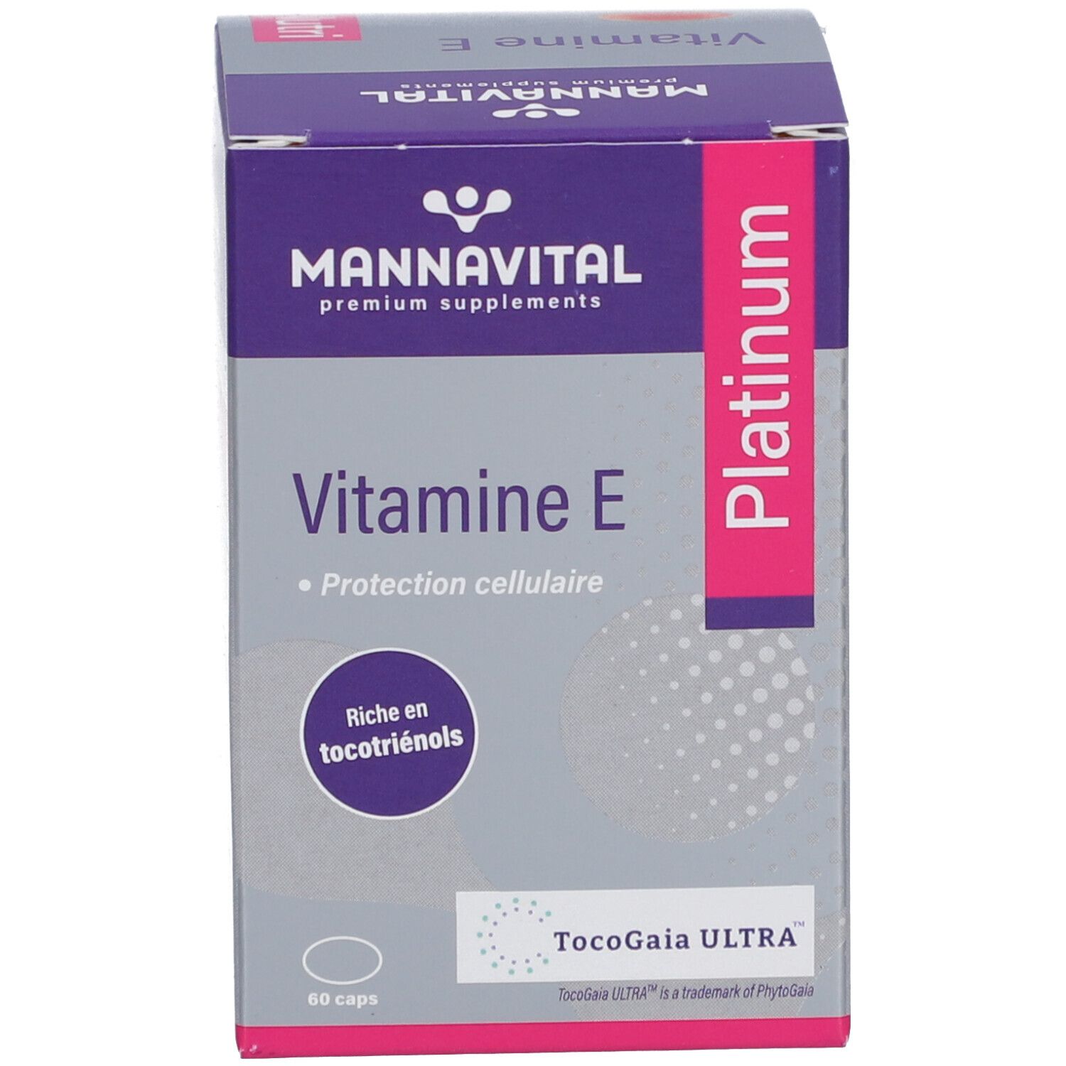 Produktverpackung, Schachtel mit Aufschrift MannaVital, Vitamine E, 60 Kapseln und Platinum.