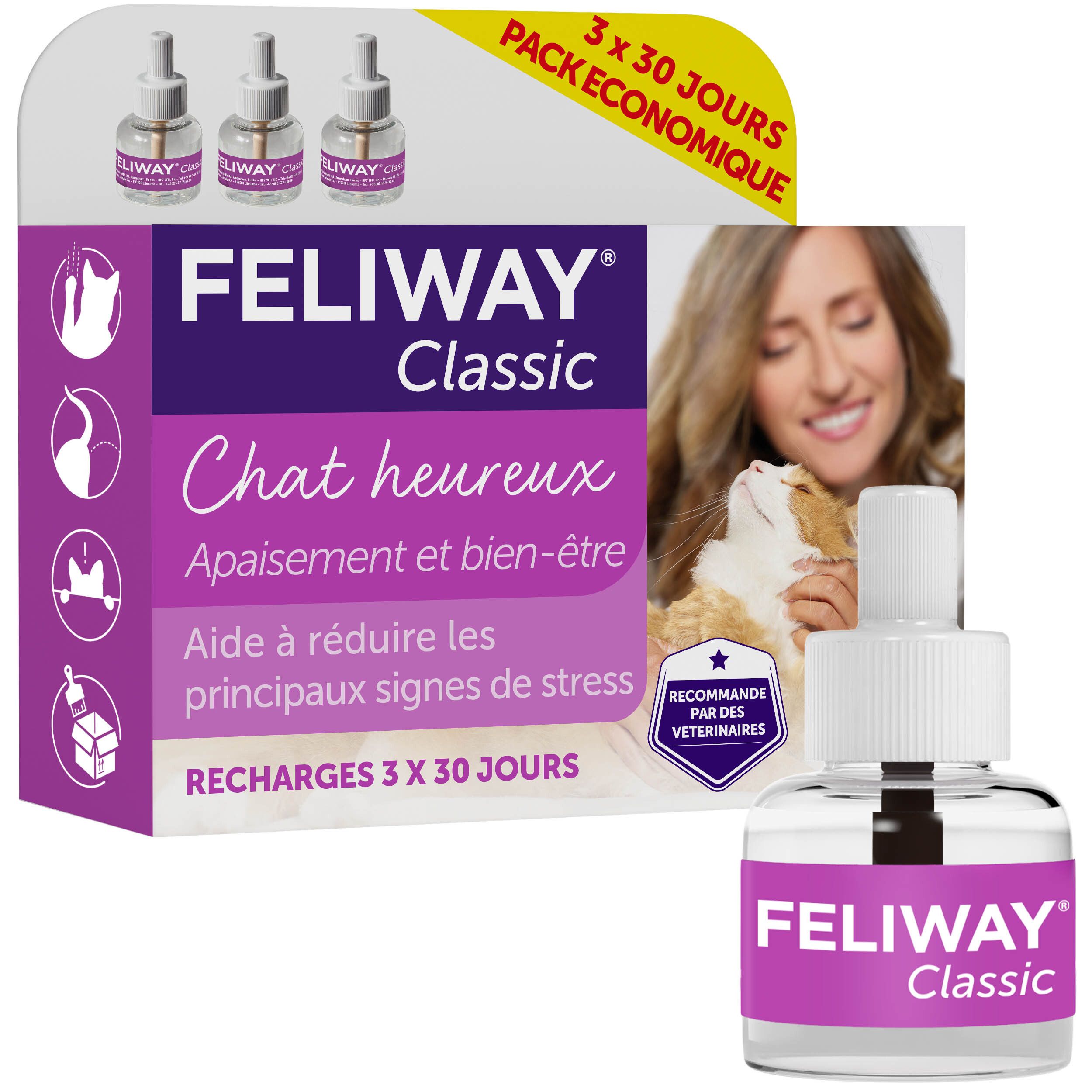 Feliway Classic Happy Cat. 3 recharges. Emballage avec chat et femme. Cliniquement prouvé.