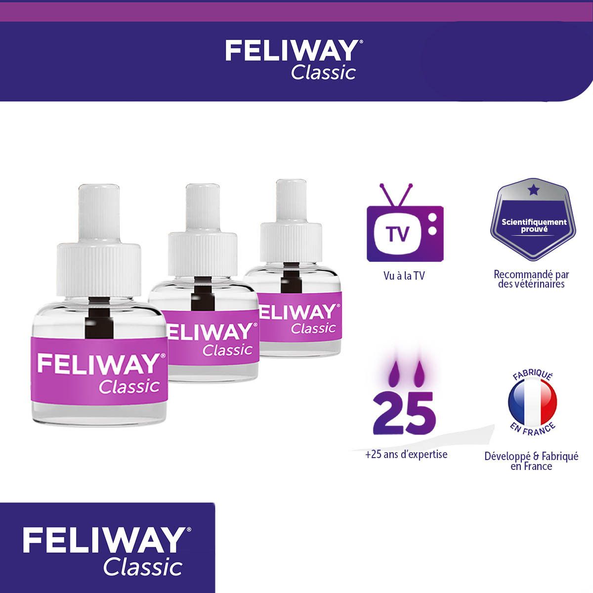 Feliway Classic Happy Cat. 3 recharges. Emballage avec chat et femme. Cliniquement prouvé.