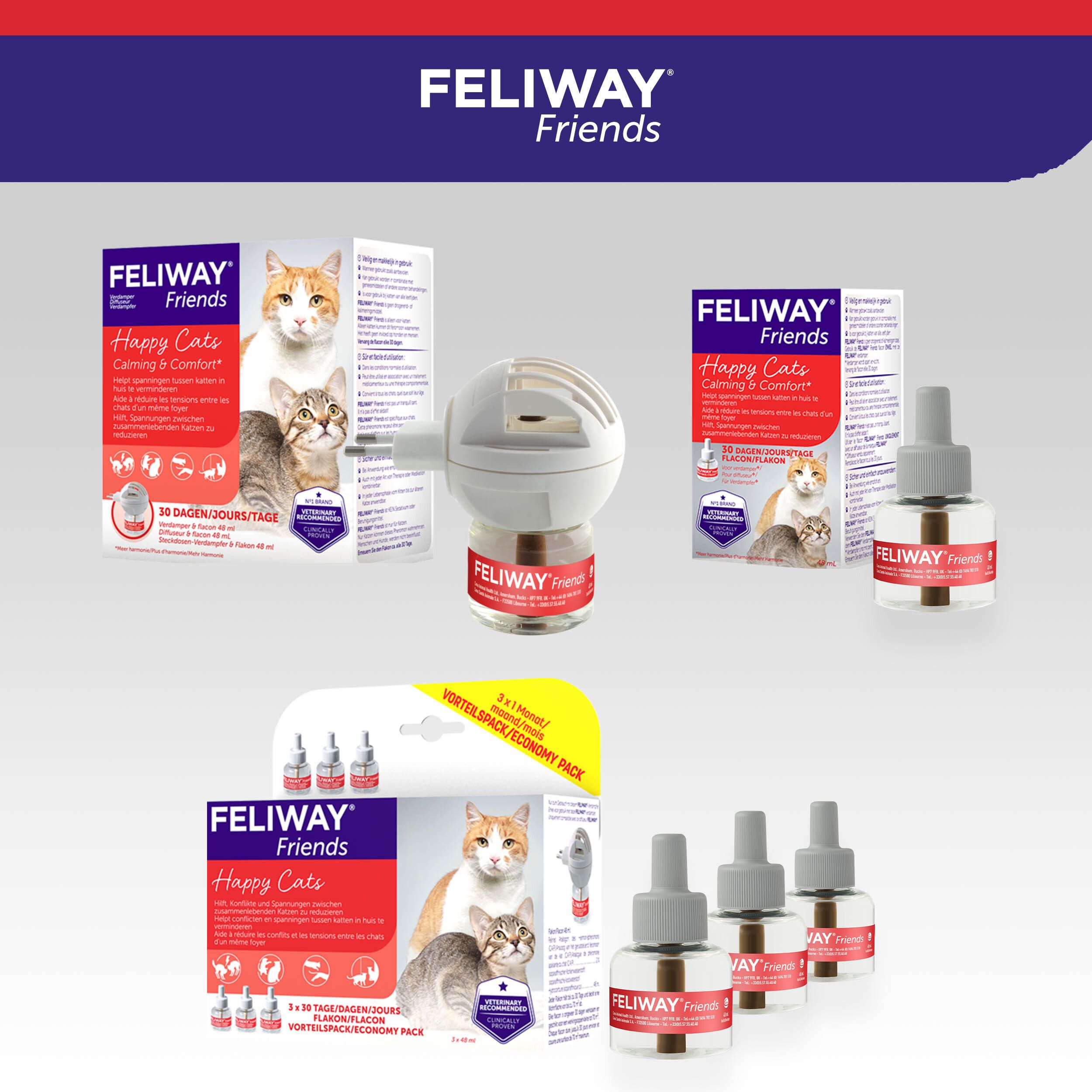 FELIWAY® FRIENDS, 3 navullingen. Helpt spanning tussen katten te verminderen.