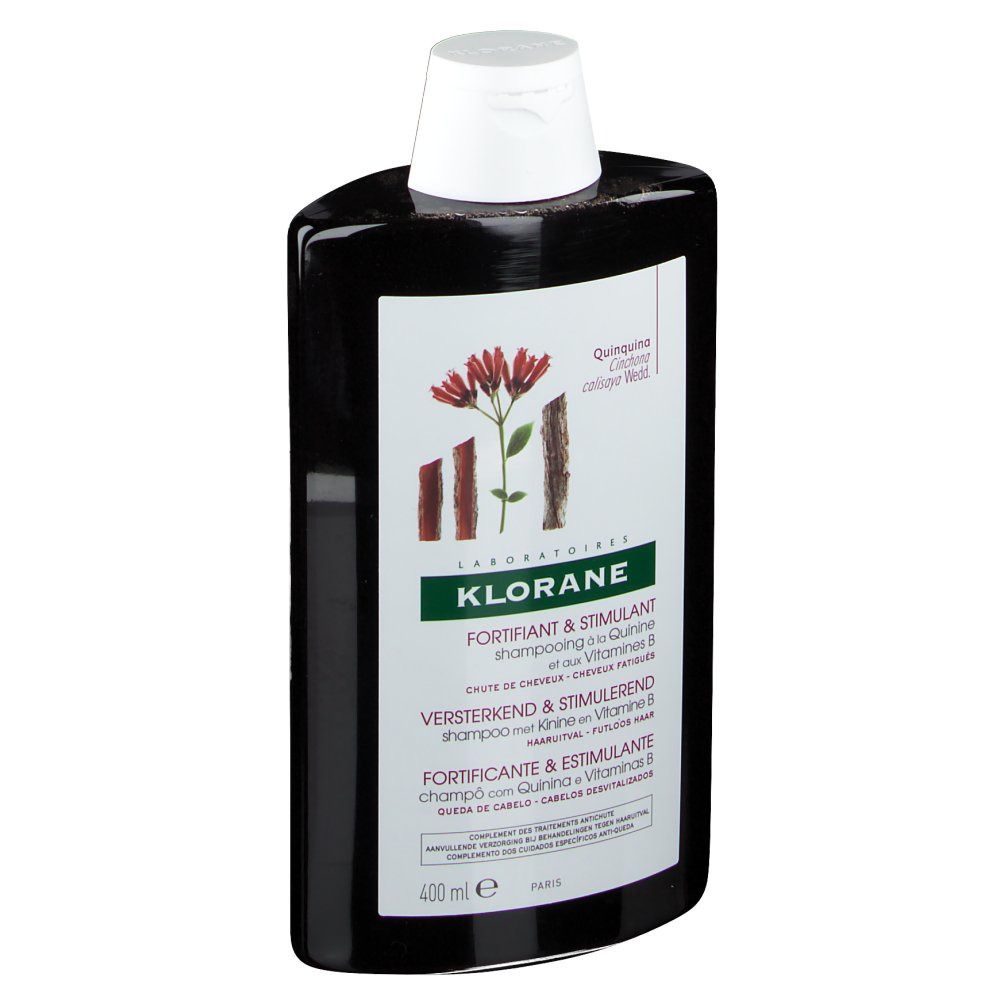 Zwarte fles met witte dop. Etiket met productnaam en illustratie. 400 ml.