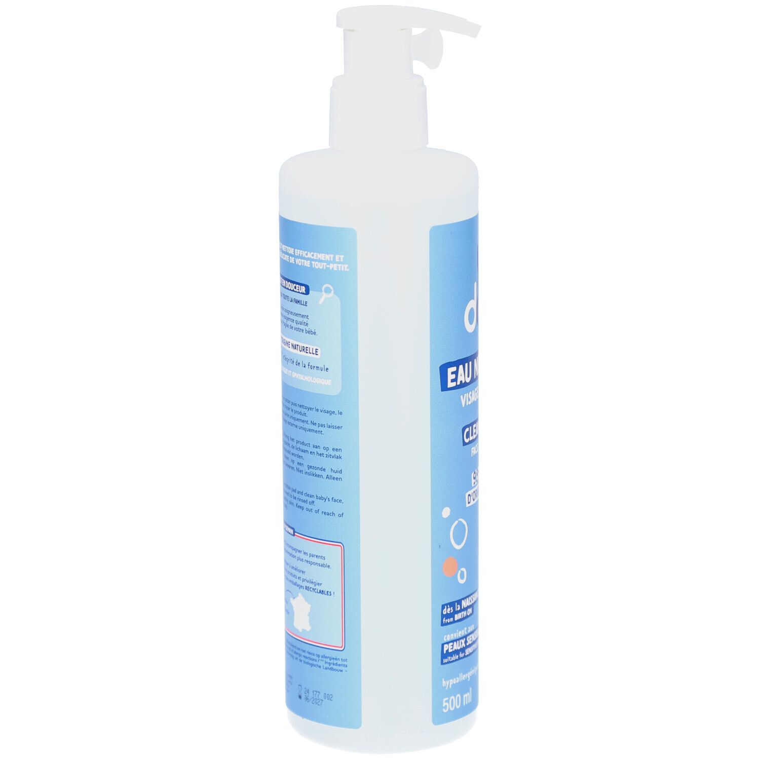 Flasche mit Pumpspender, 500 ml, mit Etikett für Gesichtswasser.