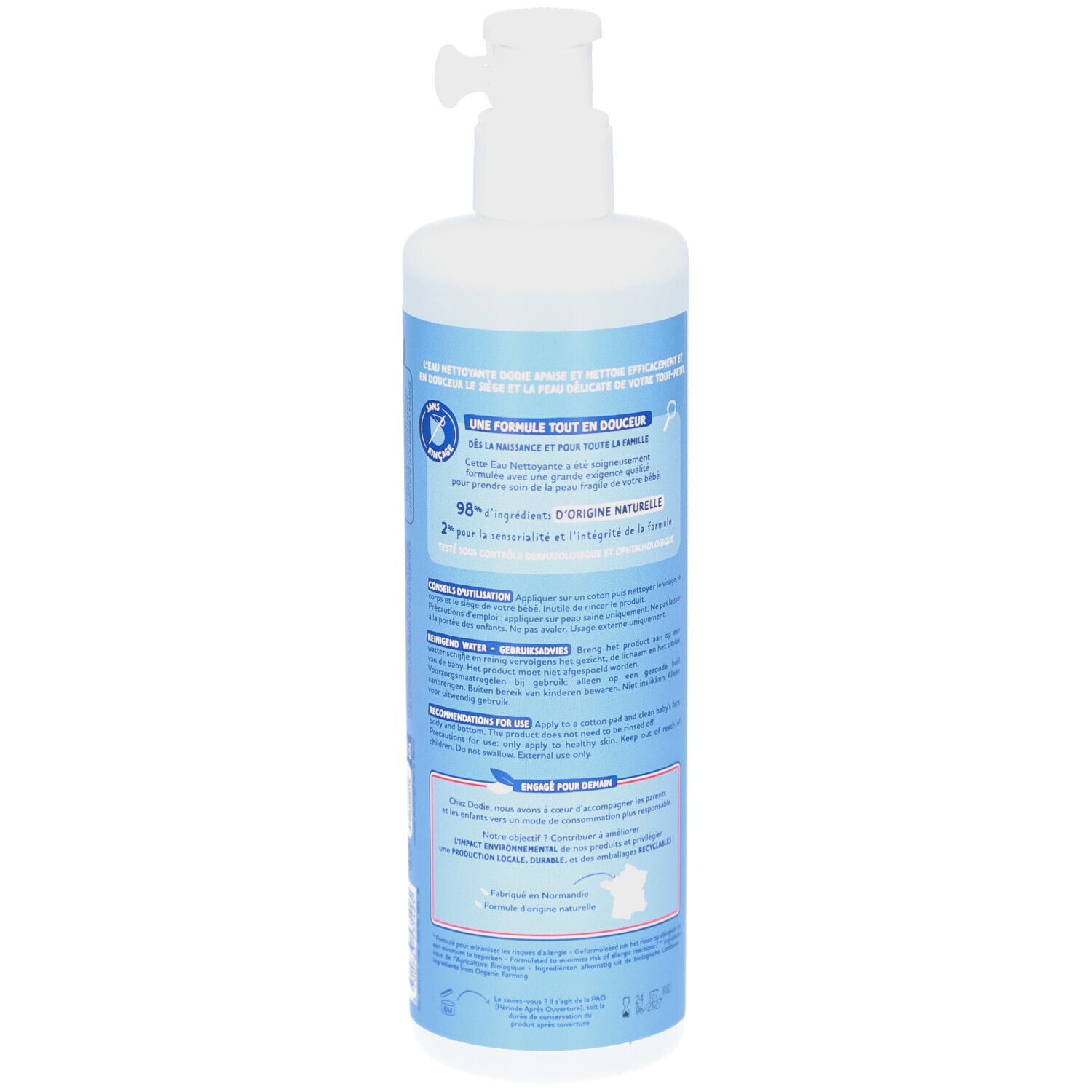 Weiße Flasche mit Pumpspender, Rückseite mit Produktinformationen und französischen Texten.