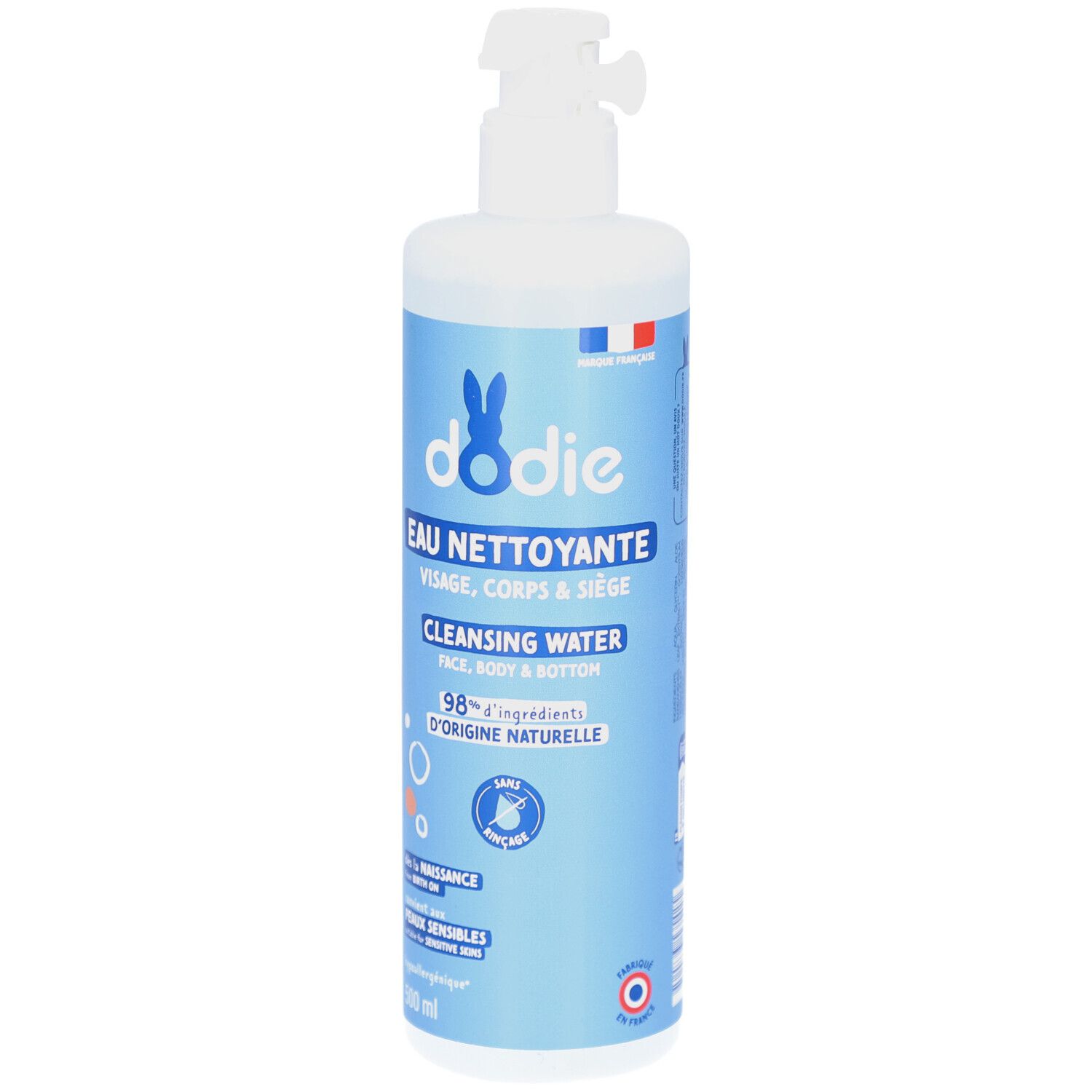 Weiße Pumpflasche mit blauem Etikett, Dodie Eau Nettoyante, 500 ml.