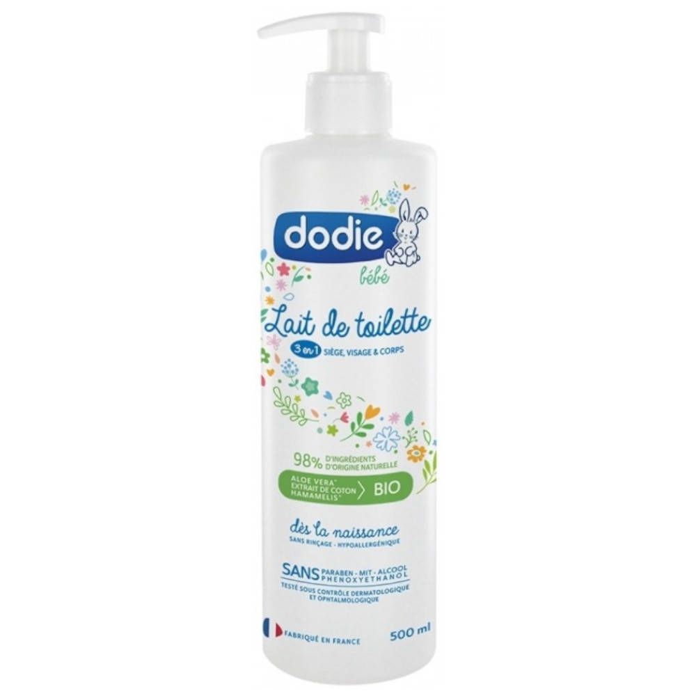 Witte fles met pomp. Opschrift: dodie bébé, Lait de toilette 3-in-1, 98% ingrediënten van natuurlijke oorsprong, BIO.