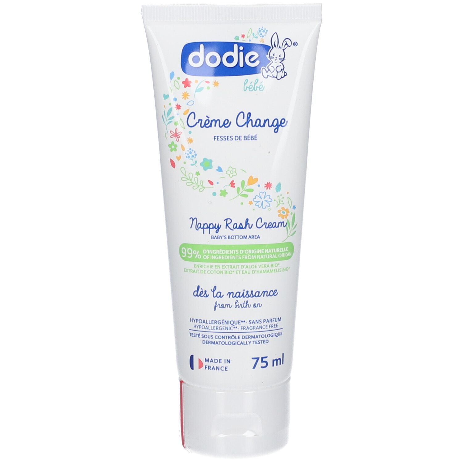Weiße Tube mit blauer Aufschrift „dodie bébé“. „Crème Change“ und „Nappy Rash Cream“ sind ebenfalls sichtbar. Roter Deckel.