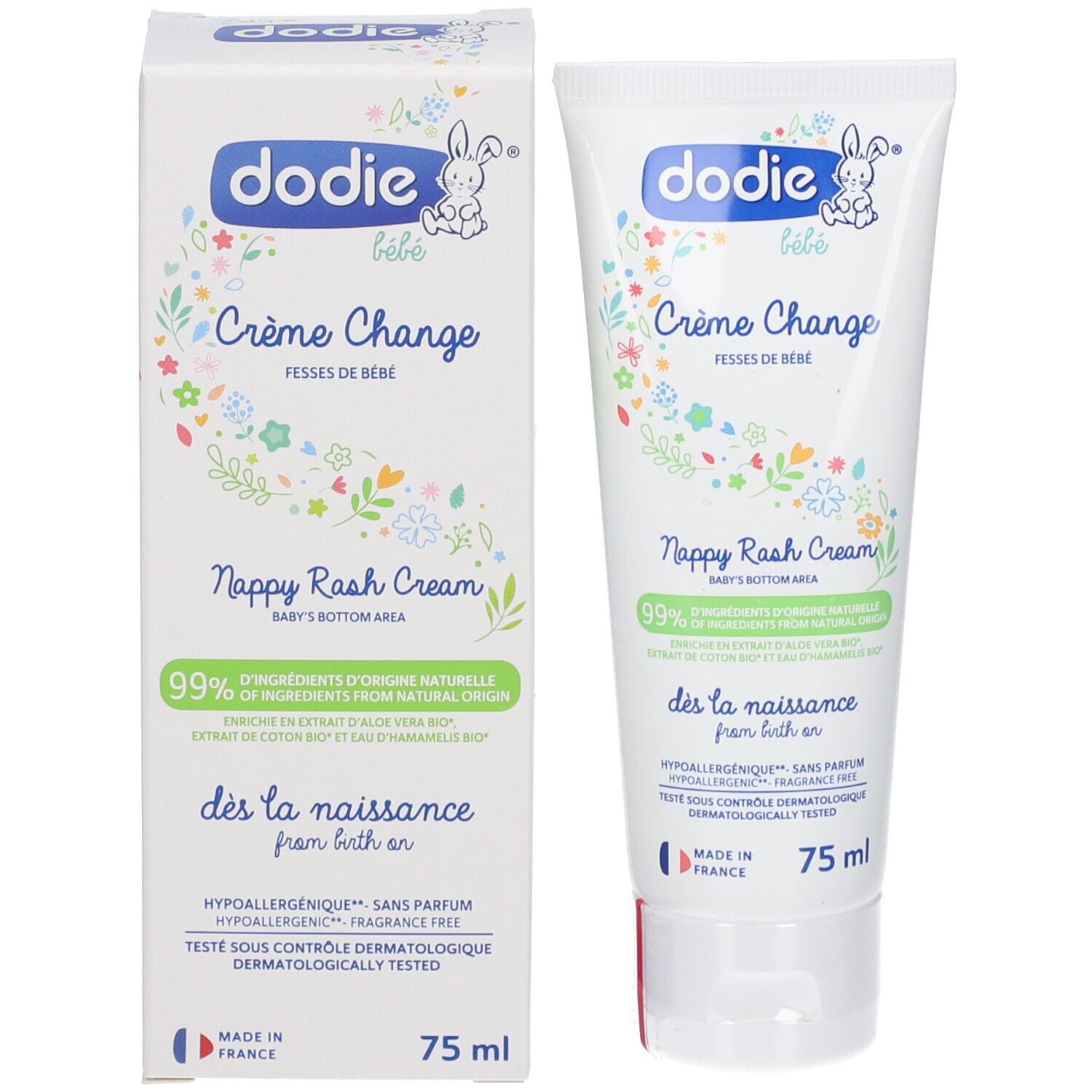 Produktverpackung und Tube nebeneinander. Beide zeigen „dodie bébé“ und „Crème Change“. Verpackung mit Text und Tube.