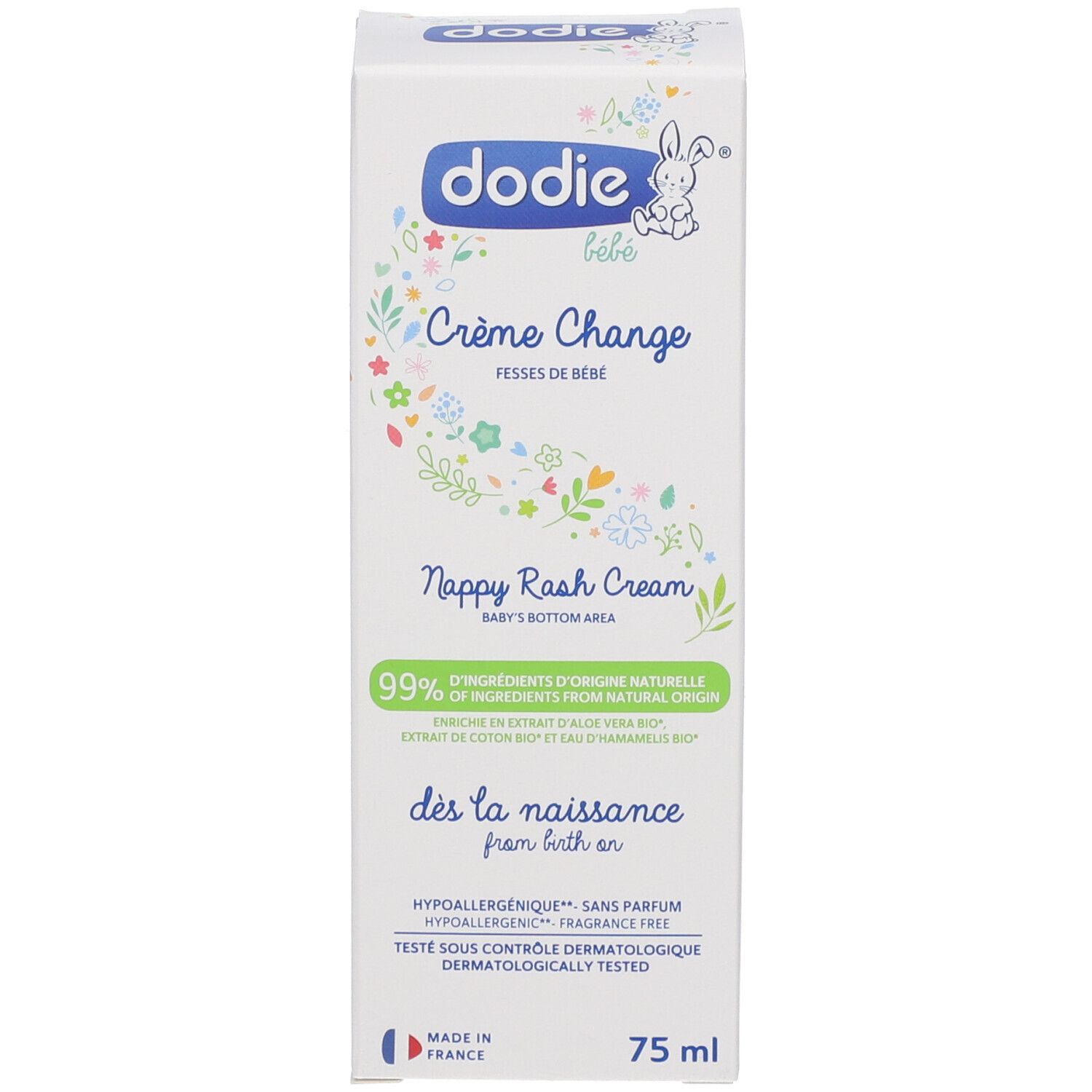 Produktverpackung mit „dodie bébé“ und „Crème Change“. Text und Illustrationen auf weißem Hintergrund.