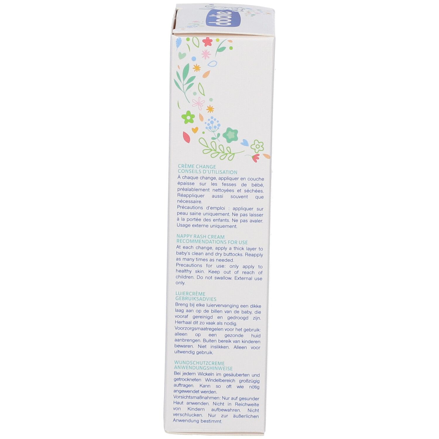 Seite der Produktverpackung. Text in mehreren Sprachen. Enthält Informationen zur Anwendung und Inhaltsstoffe.
