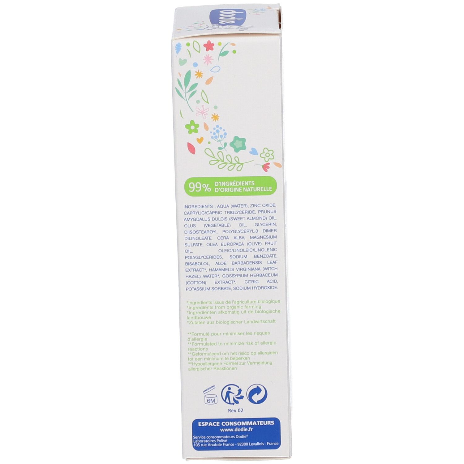 Seite der Produktverpackung. Enthält Informationen über Inhaltsstoffe und Kontaktinformationen.