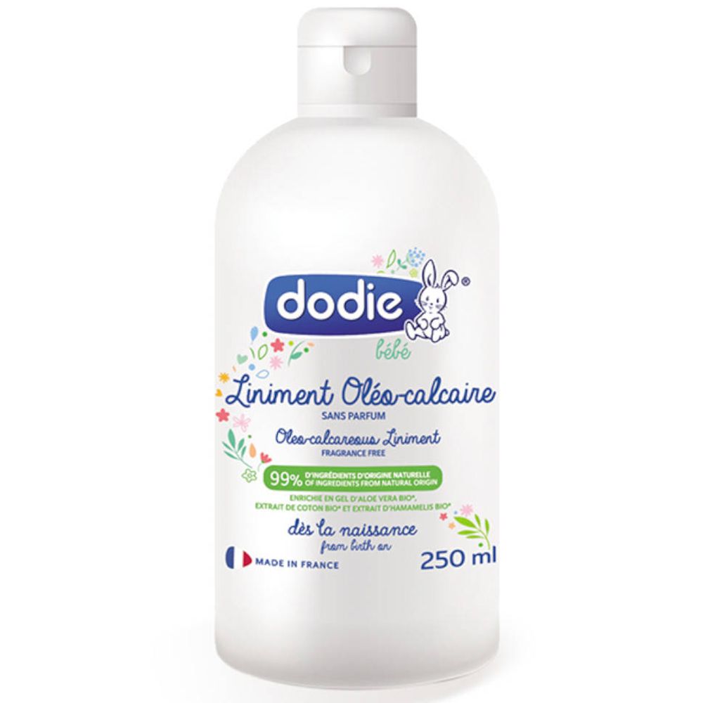 Flacon blanc avec étiquette bleue et verte. Inscription : dodie bébé Liniment Oléo-calcaire, sans parfum. 250 ml.