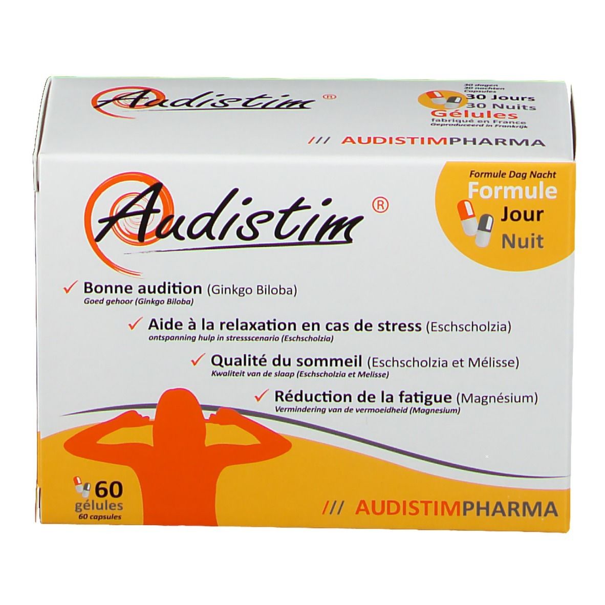 Emballage Audistim, vue de face. Contient 60 gélules. Logo et informations produit. Texte en français et néerlandais.