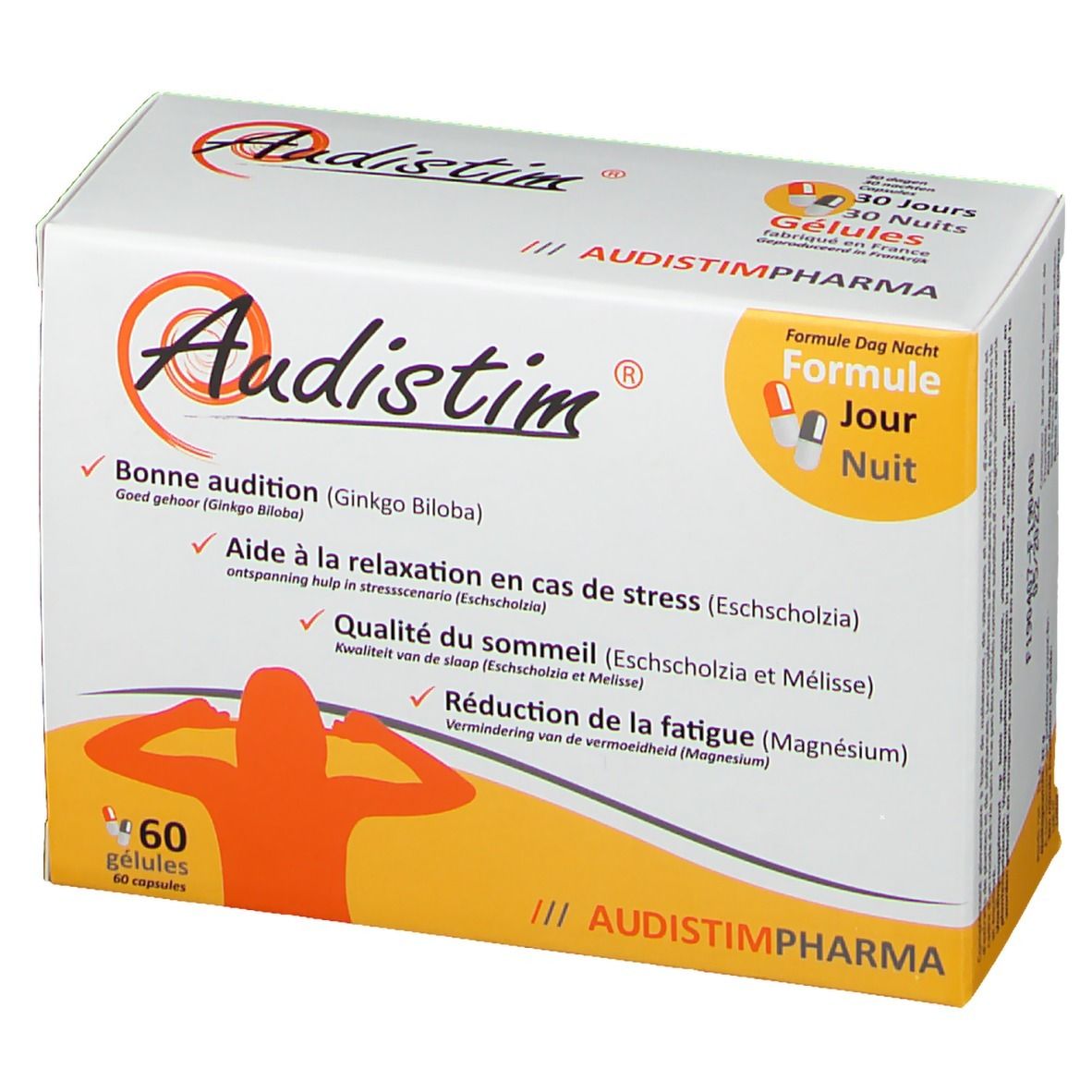 Emballage Audistim, vue de face. Contient 60 gélules. Logo et informations produit. Texte en français et néerlandais.