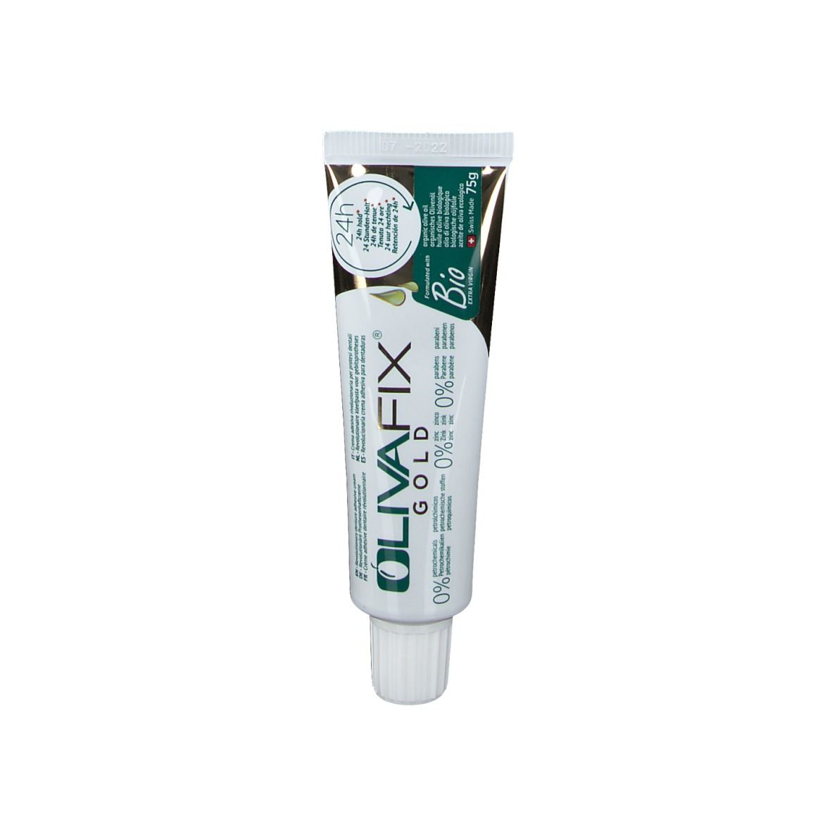 Tube de crème dentaire OlivaFix Gold. Design vert et blanc. 0% additifs. Label Bio.