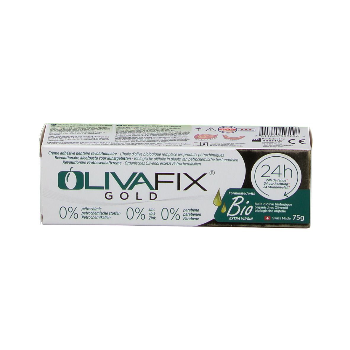 Boîte OlivaFix Gold. Design vert et blanc. 0% additifs. Label Bio. 24h tenue.