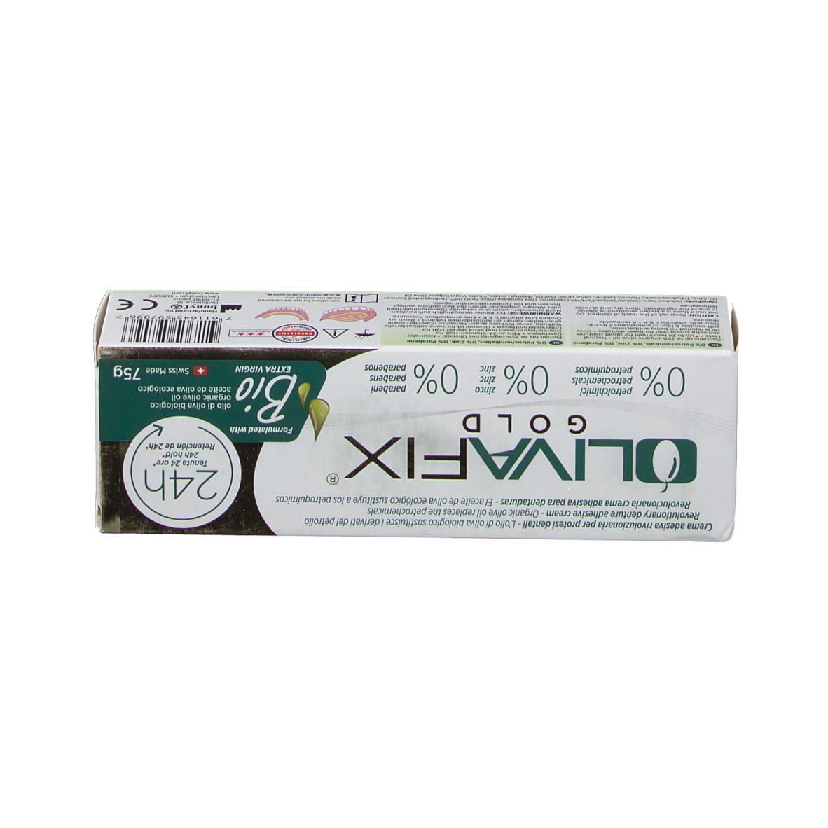 Dessus de la boîte. OlivaFix Gold. 0% additifs. Label Bio. 24h tenue.