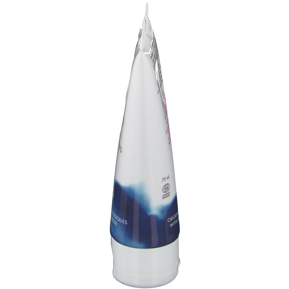 Vue latérale du tube. Blanc avec accents bleus. Texte: 75 ml, Cosmetiques Biologiques au lait d'ânesse.