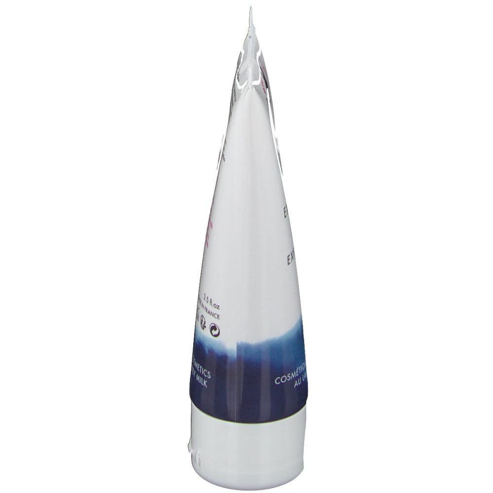 Vue latérale du tube. Blanc avec accents bleus. Texte: Cosmetiques Biologiques au lait d'ânesse, 2.5 fl oz.