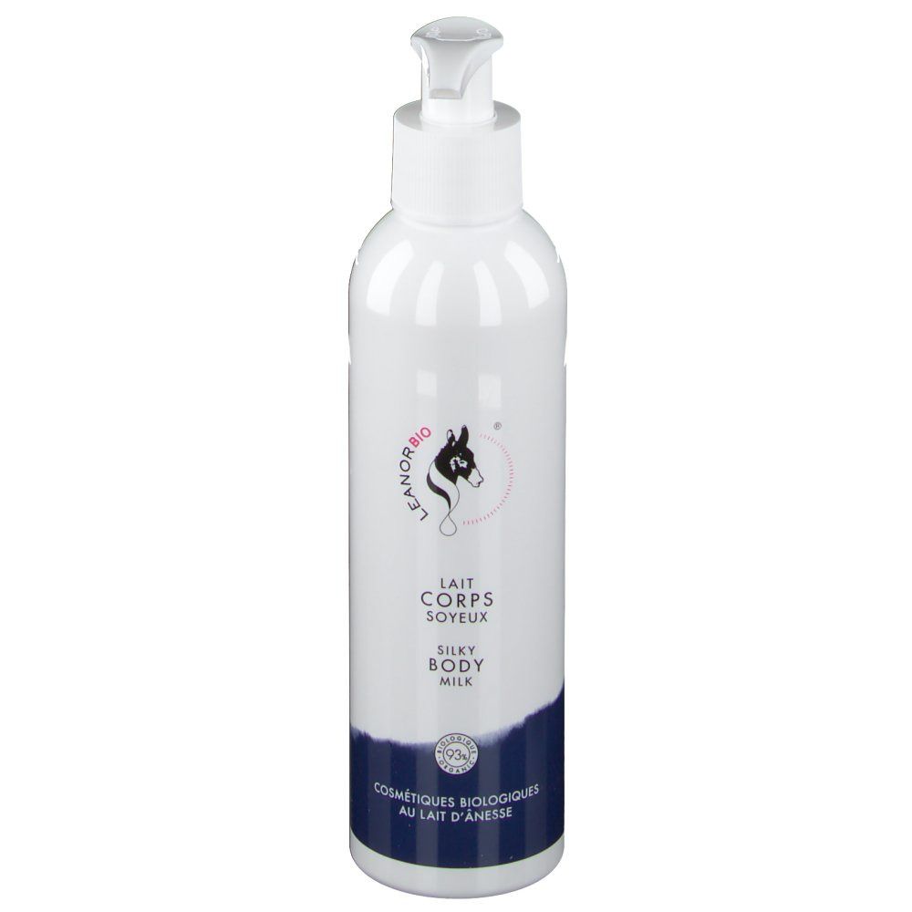 Witte fles met pomp. LEANORBIO logo en productnaam. Tekst: Lait Corps Soyeux, Silky Body Milk. Biologische certificering.