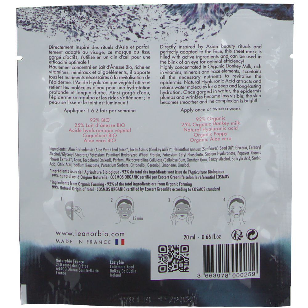 Emballage de masque facial LeanorBio. Contient du texte, un code QR et des informations.