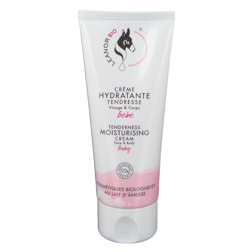 Witte tube met roze accenten. Opschrift: LEANORBIO, Crème Hydratante Tendresse, Tenderness Moisturising Cream. Logo: Ezel.