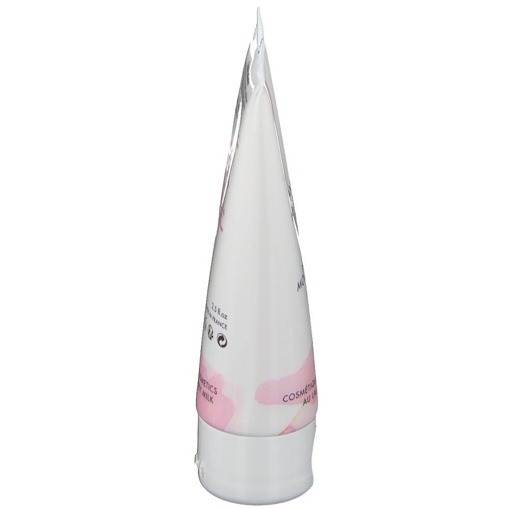 Zijaanzicht van een witte tube met roze tekst. Opschrift: COSMÉTIQUES BIOLOGIQUES AU LAIT D'ÂNESSE. Logo: Ezel.
