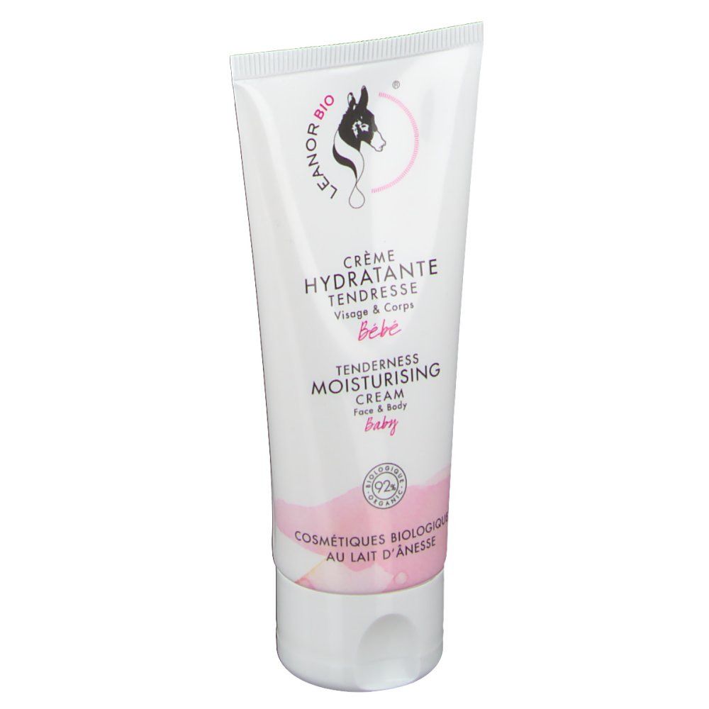 Witte tube met roze accenten. Opschrift: LEANORBIO, Crème Hydratante Tendresse, Tenderness Moisturising Cream. Logo: Ezel.