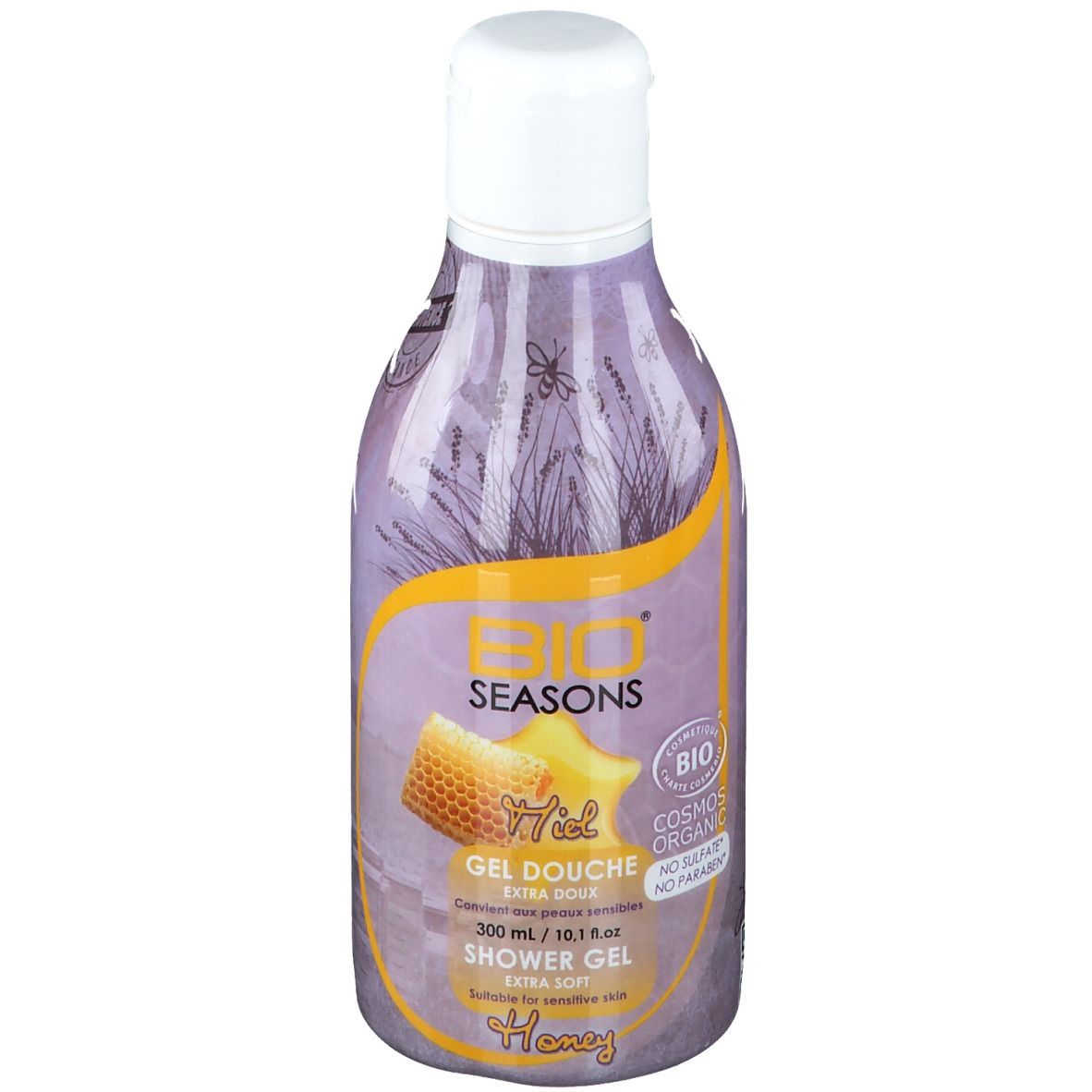 Flasche Bio Seasons Gel Douche mild. Lila-gelbes Etikett mit Honigwabe und Lavendel. Weißer Deckel. Aufschrift: Gel Douche, Shower Gel.