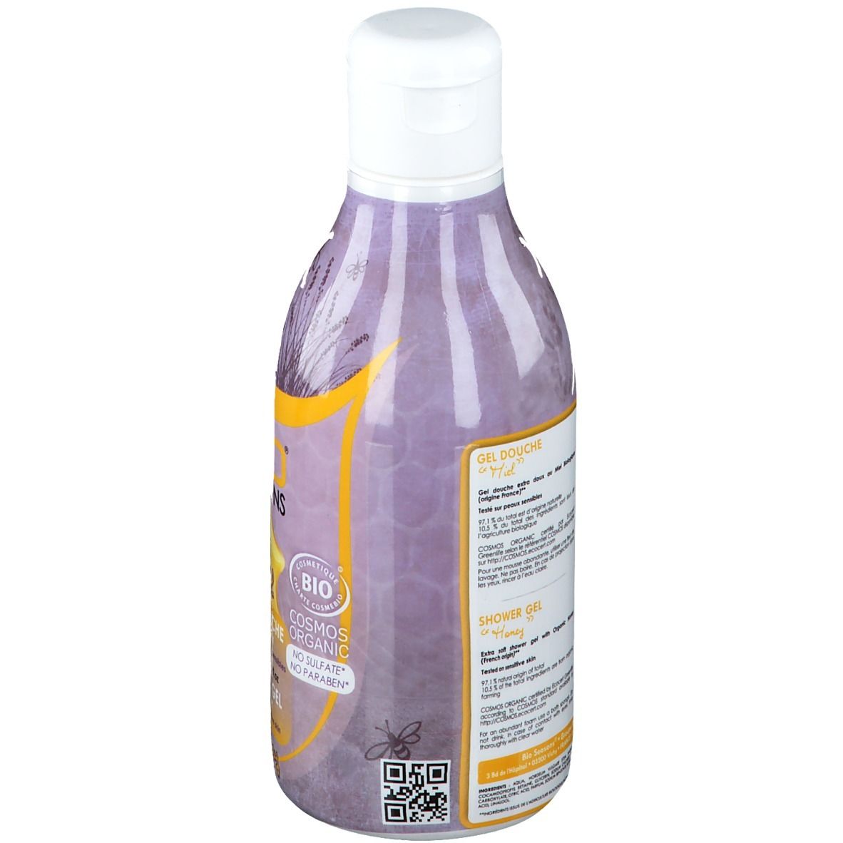 Rückseite der Flasche Bio Seasons Gel Douche mild. Lila Hintergrund mit Text und QR-Code. Weißer Deckel. Aufschrift: Gel Douche, Shower Gel.